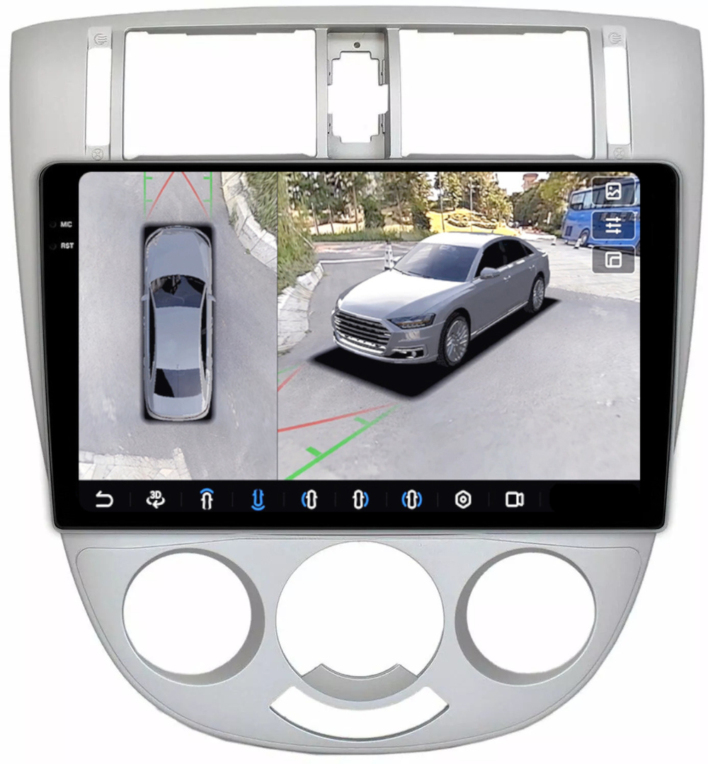 Магнитола для Chevrolet Lacetti седан/универсал, Daewoo Gentra (кондиционер, рамка серебро) - FarCar BX3014M-360 монитор 10.36" 2K QLED на Android 13, 6Гб+128Гб, CarPlay, 4G SIM-слот, 4 камеры в комплекте