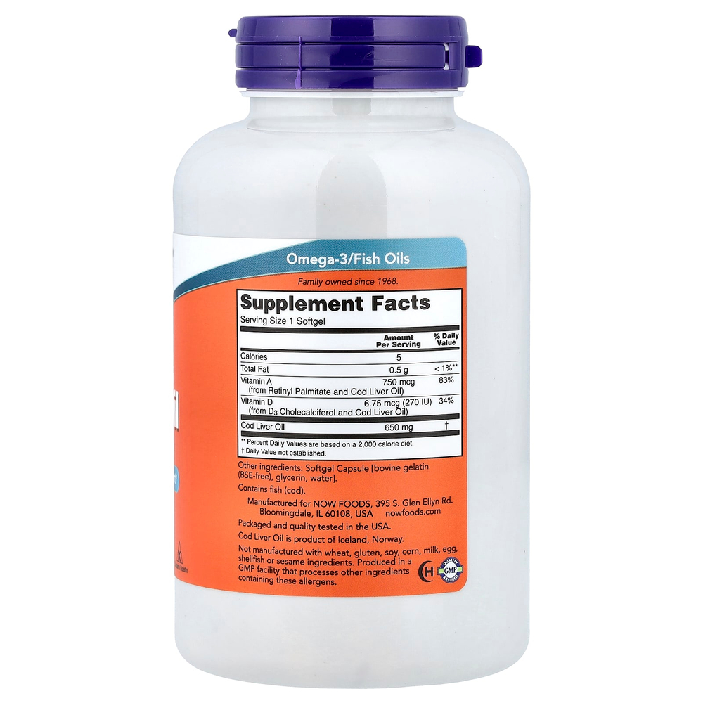 NOW Foods, Cod Liver Oil, 650 мг, 250 мягких желатиновых капсул