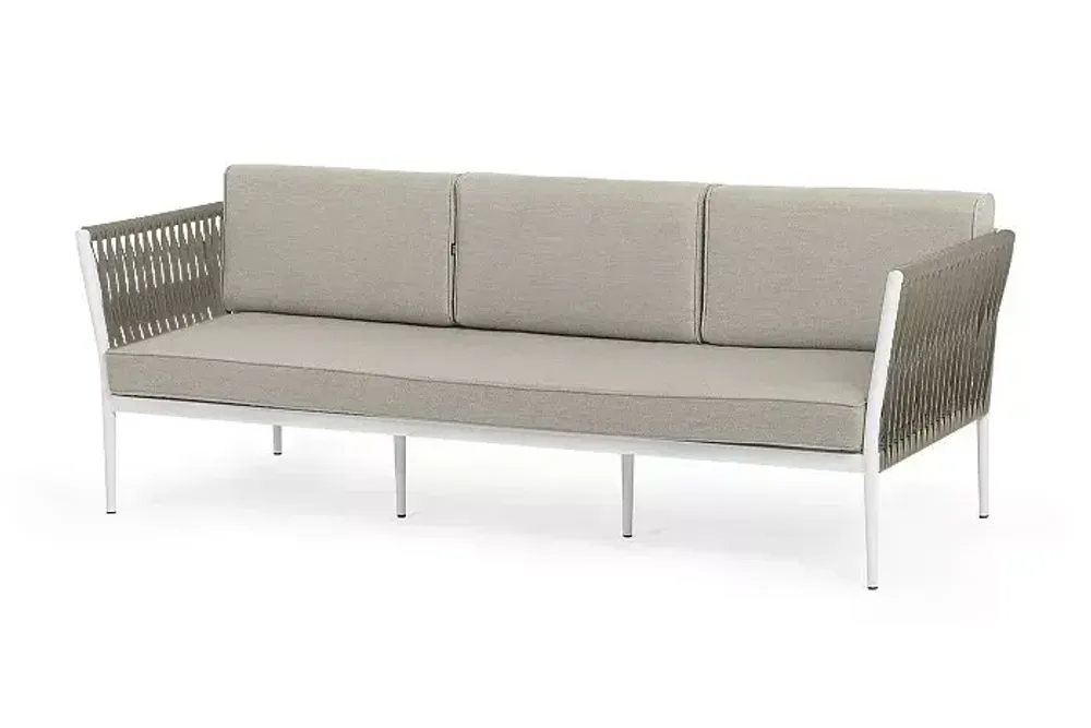 "Касабланка" диван 3-местный плетеный из роупа, каркас алюминий светло-серый (RAL7035) муар, роуп серо-коричневый 23мм, ткань бежевая 15052