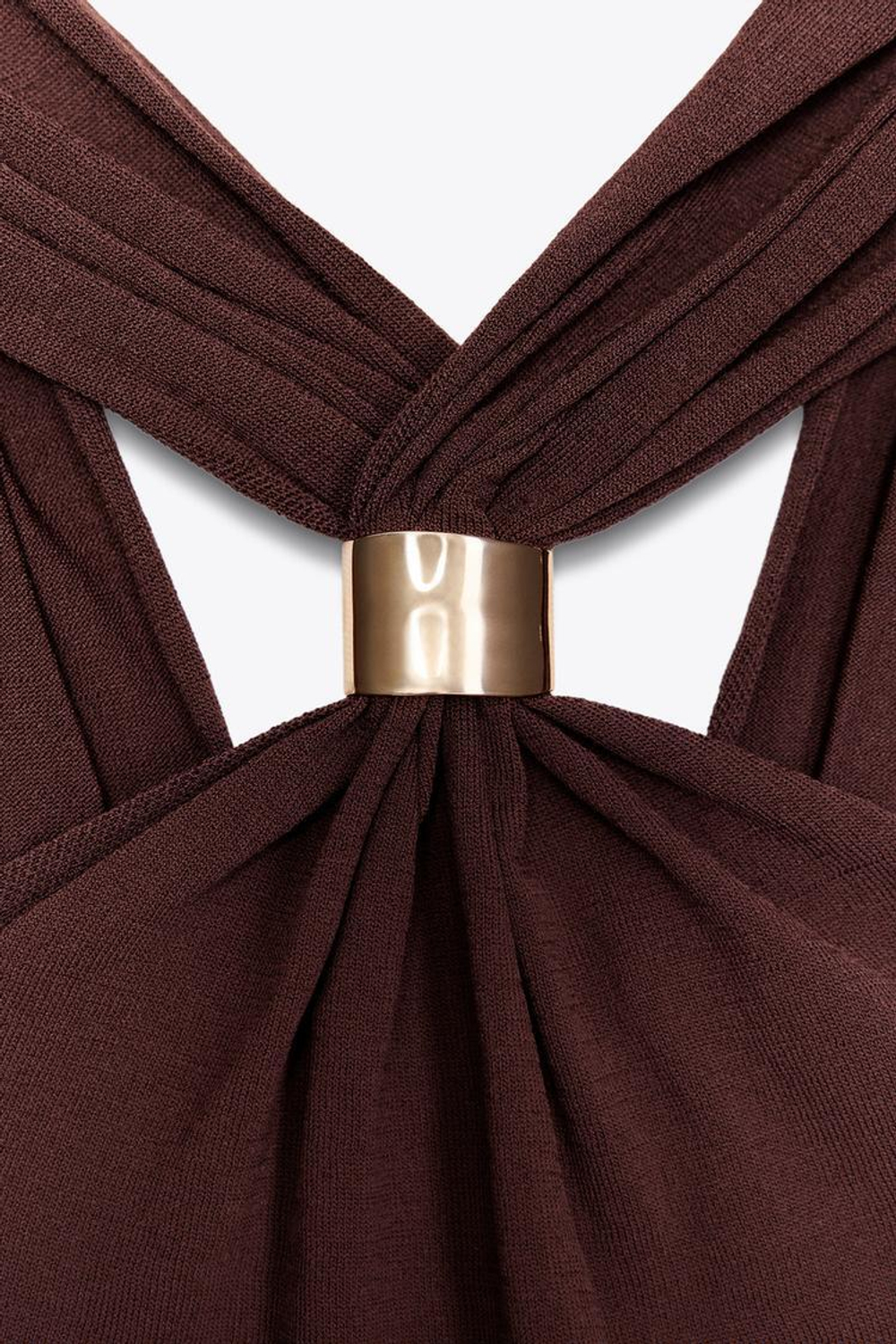 ZARA ТРИКОТАЖНЫЙ ТОП С ГОРЛОВИНОЙ ХАЛТЕР И ЗОЛОТИСТОЙ ДЕТАЛЬЮ, КОРИЧНЕВЫЙ