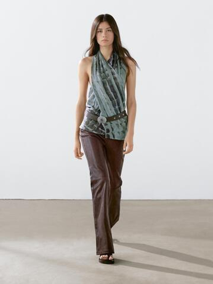 Massimo Dutti Расклешенные брюки из кожи наппа, коричневый