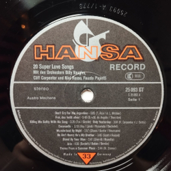 Винтажная виниловая пластинка LP Сборник 20 Super Love Songs (Germany 1974)