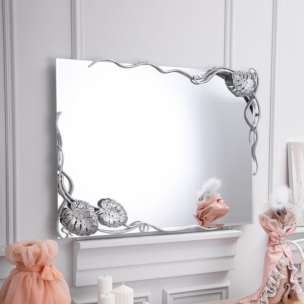 Зеркало настенное Monstera Deliciosa (Монстера) прямоугольное 80х60 Античное серебро