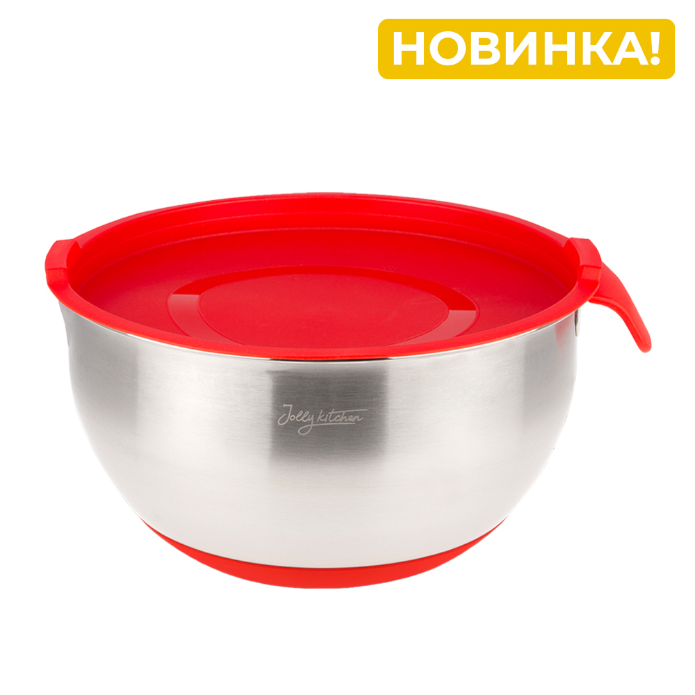 Миска Jolly Kitchen с ручкой, красная, 24 см, нержавеющая сталь 0,5 мм, объем 3,4 л