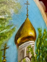 "Троица" Храм в лесу - картина маслом на срезе дуба с корой | Художница Ефимова Ольга