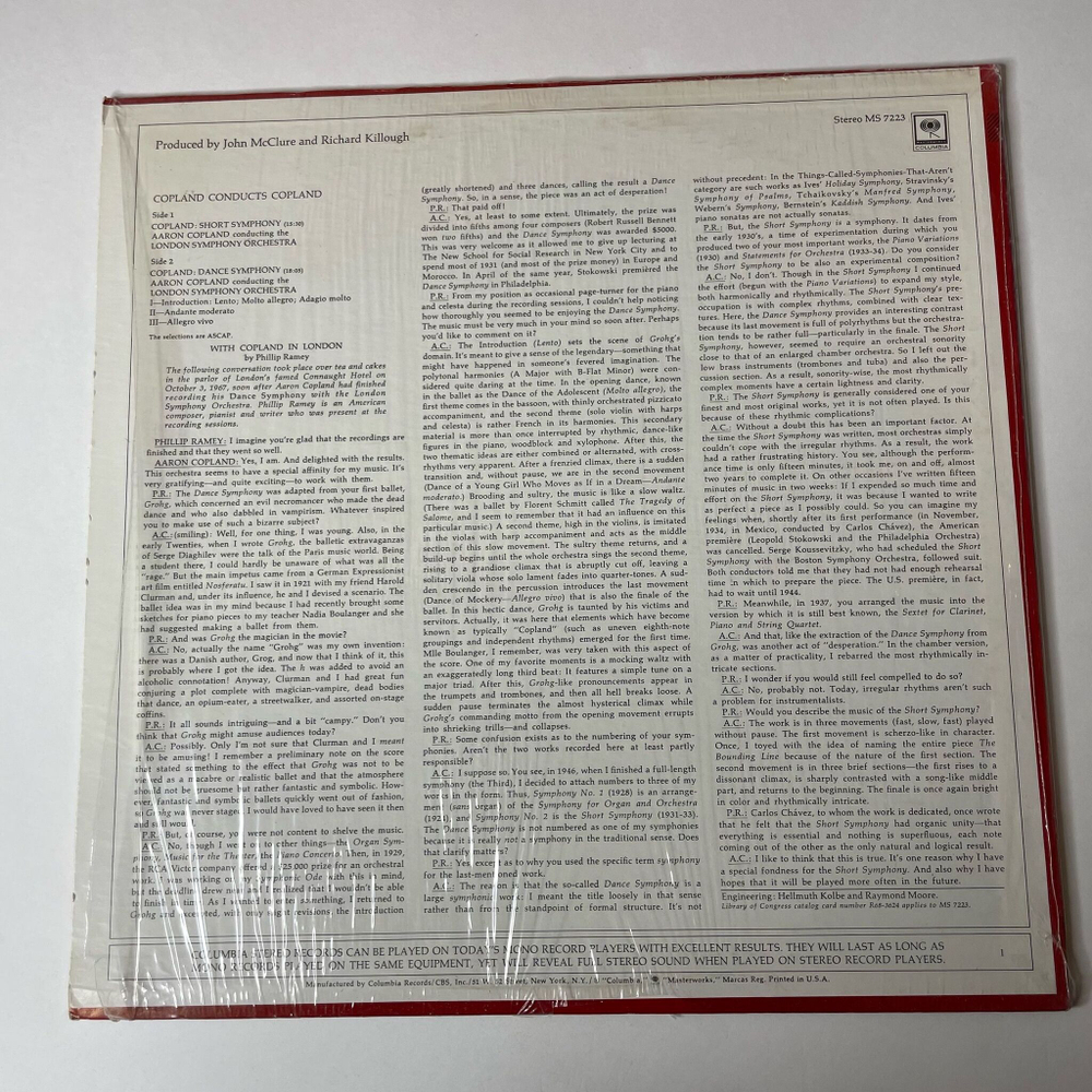 Винтажная виниловая пластинка LP Copland, Conducts Copland, London Symphony Orchestra Short Symphony (USA 1969)
