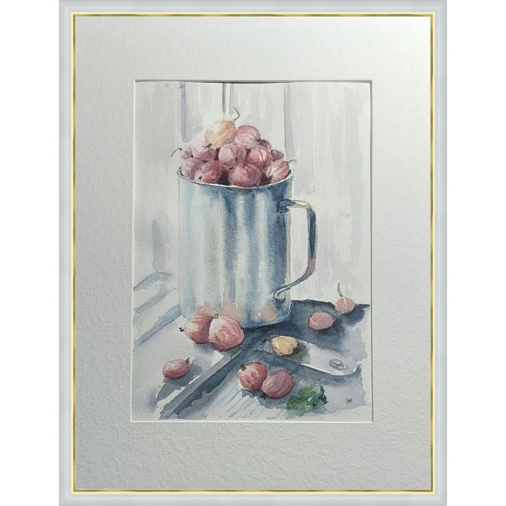 Картина авторская акварельная в паспарту 30х40 см на стену для интерьера "Летний завтрак"