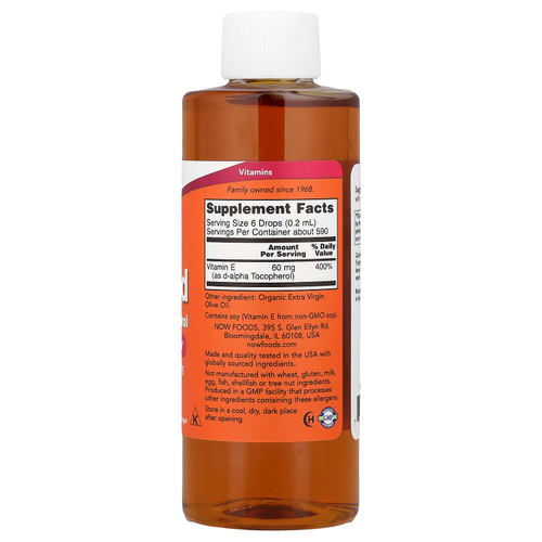 NOW Foods, жидкий витамин E, d-альфа-токоферол, 118 мл (4 жидк. унции)