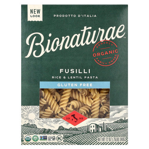 Bionaturae, паста из риса и чечевицы без глютена, фузилли, 340 г (12 унций)