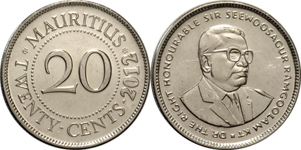 Маврикий 20 центов, 1987 - 2022 Сивусагур Рамгулам XF
