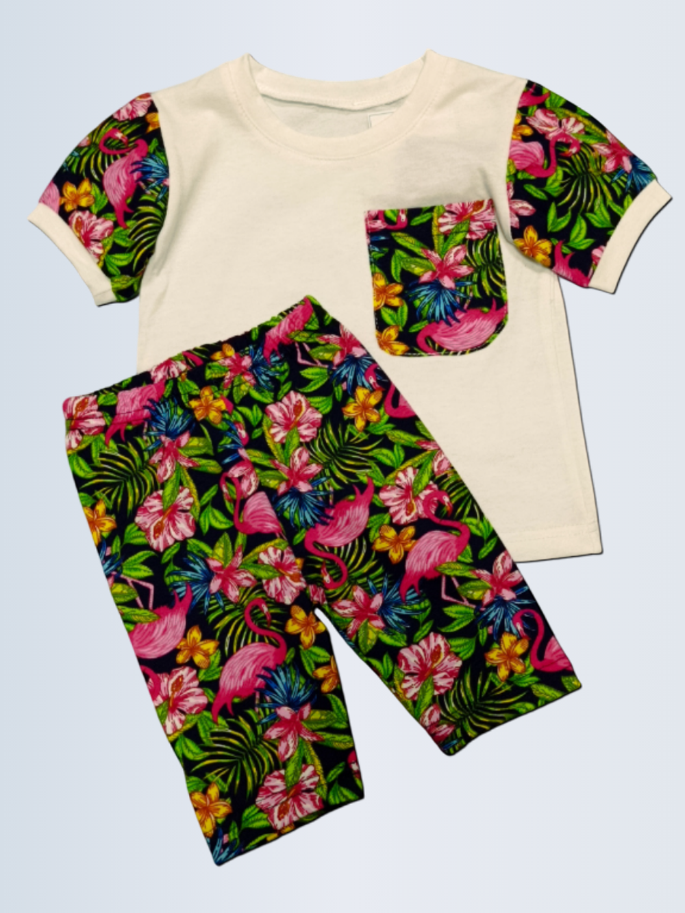 10191 Комплект для девочки (футболка с велосипедками) молочный/набивка (64-122/128)