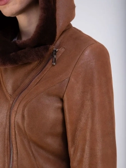 Дубленка женская зима натуральная длинная с капюшоном Турция