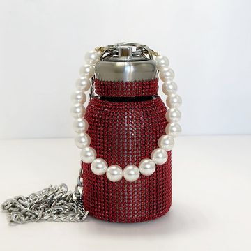 Термос-бутылка со стразами и жемчугом, цвет красный, 300 мл