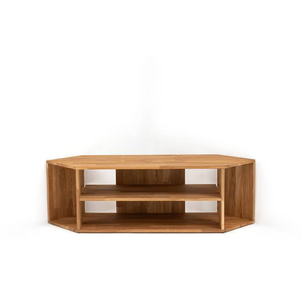 Тумба под телевизор угловая Эдгар 114х39.5х35 см деревянная с полками дизайнерская / Тумба под тв из массива дуба, натуральный дуб