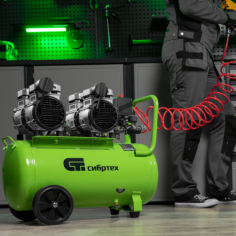 Компрессор безмаслянный малошумный МБ 2000/50, 2000 Вт, 50л, 300 л/мин Сибртех