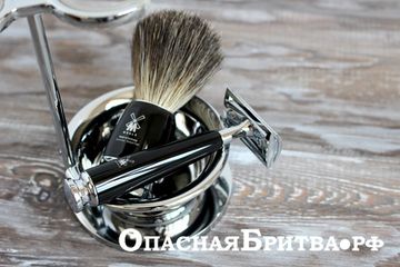 Бритвенный набор MUEHLE RYTMO, черная смола, натуральный барсучий ворс, Т-образная бритва (станок), чаша