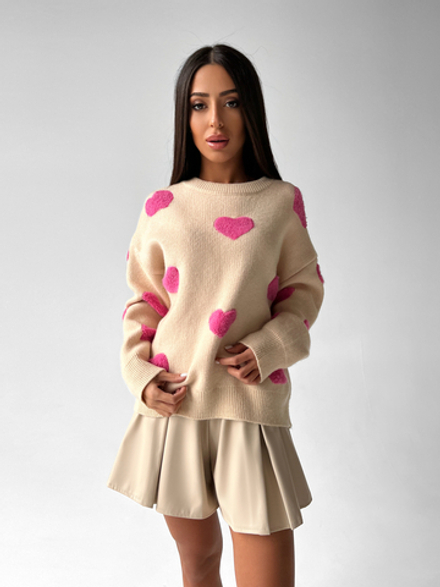 Свитер Yixuan 5011 трикотажный на манжете с сердцами однотонный светло-бежевый