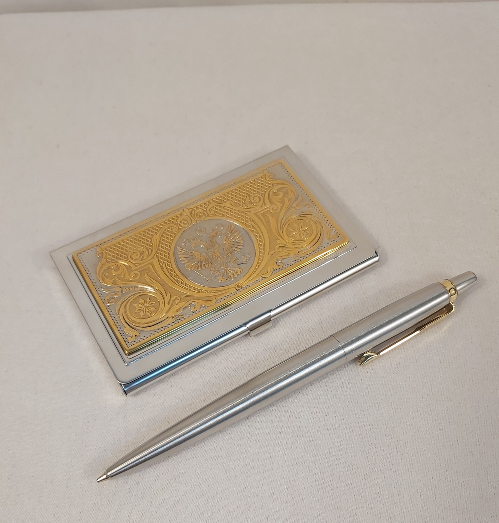 Набор "Гербовый" №12 визитница (Златоуст), ручка Паркер
