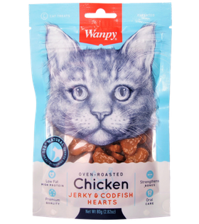 Wanpy Cat Лакомство для кошек «сердечки» из курицы с треской 80гр.