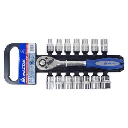 МАСТАК (0-4015H) Набор торцевых головок с трещоткой 1/2", 6-гранные, 8-24 мм, 15 предметов