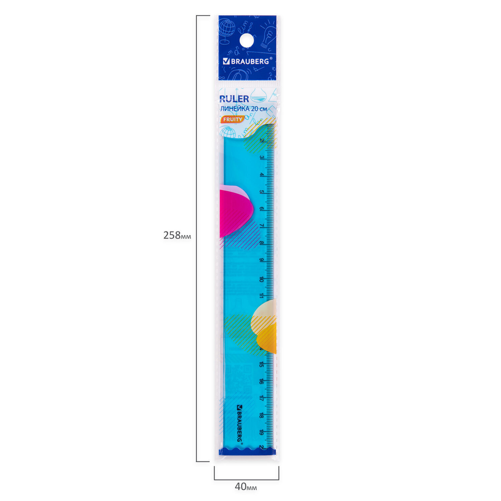 Линейка пластиковая 20 см BRAUBERG "FRUITY" тонированная ассорти (36 штук в упаковке)