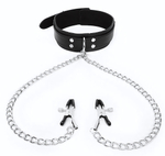 Черный ошейник с зажимами на соски на цепочке (Цвет: черный)
