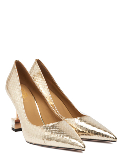 Женские туфли рептилия золотые на каблуке