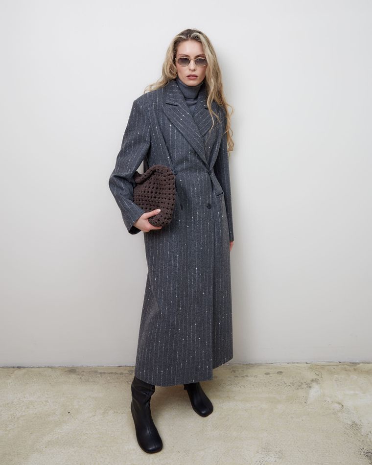 Пальто с дополнительными петлями из шерсти Стелла Маккартни полоска серый