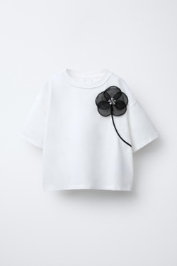 ZARA ФУТБОЛКА С ЦВЕТОЧНЫМ УЗОРОМ ИЗ ОРГАНЗЫ, БЕЛЫЙ