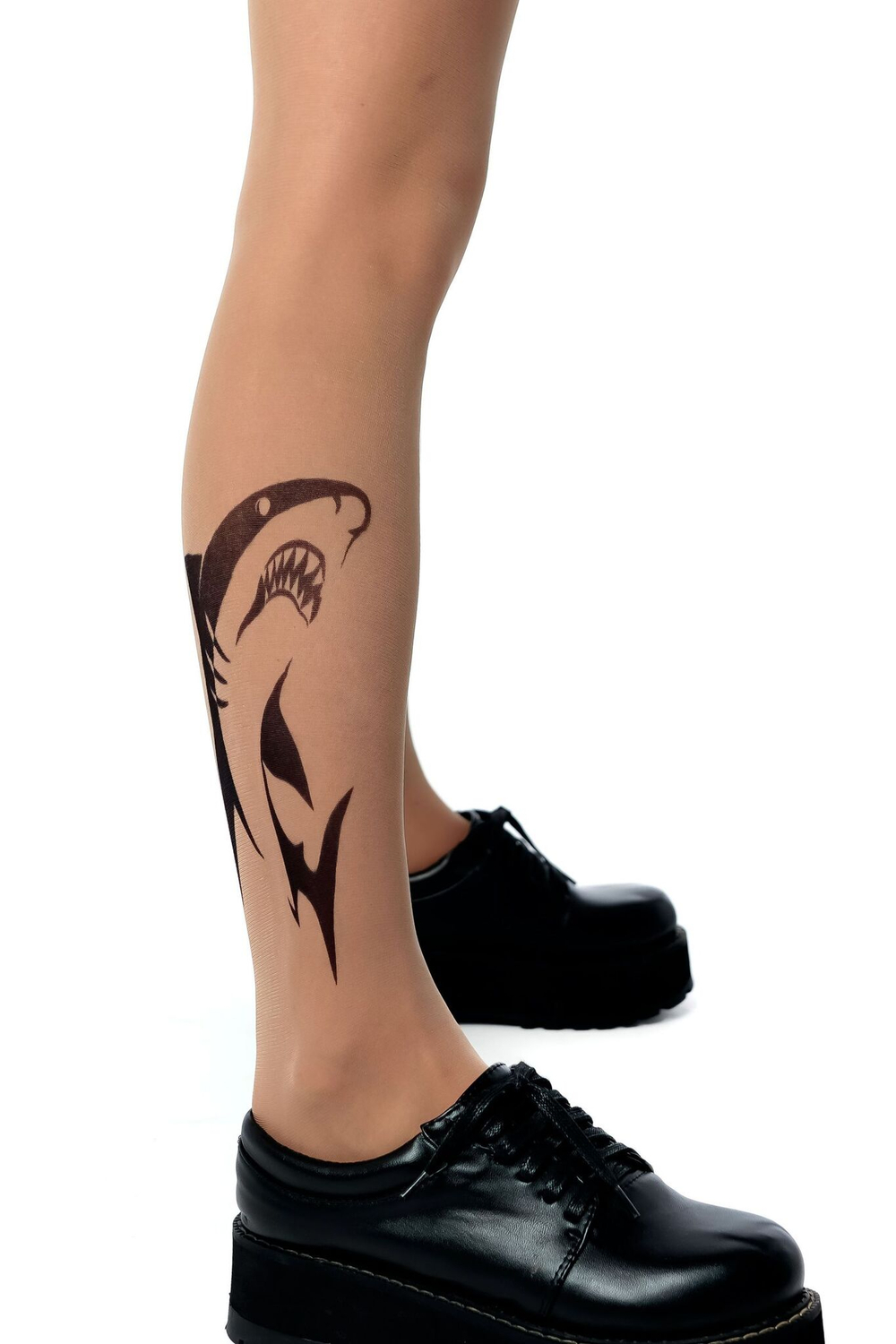 Колготки с принтом в виде акулы на правой ножке (Размер: S-M-L) (Цвет: бежевый)