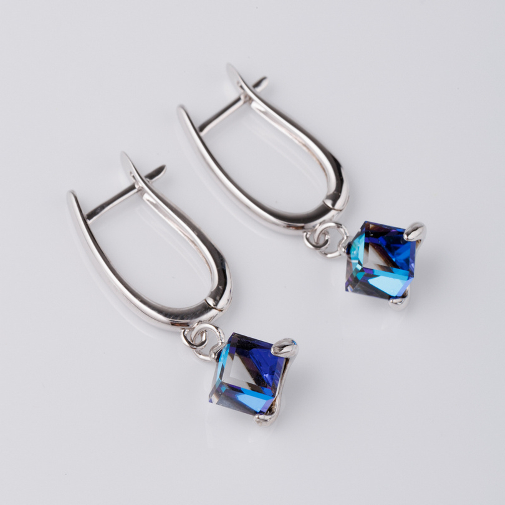 Серьги-подвески Миражи с синим кубиком Swarovski