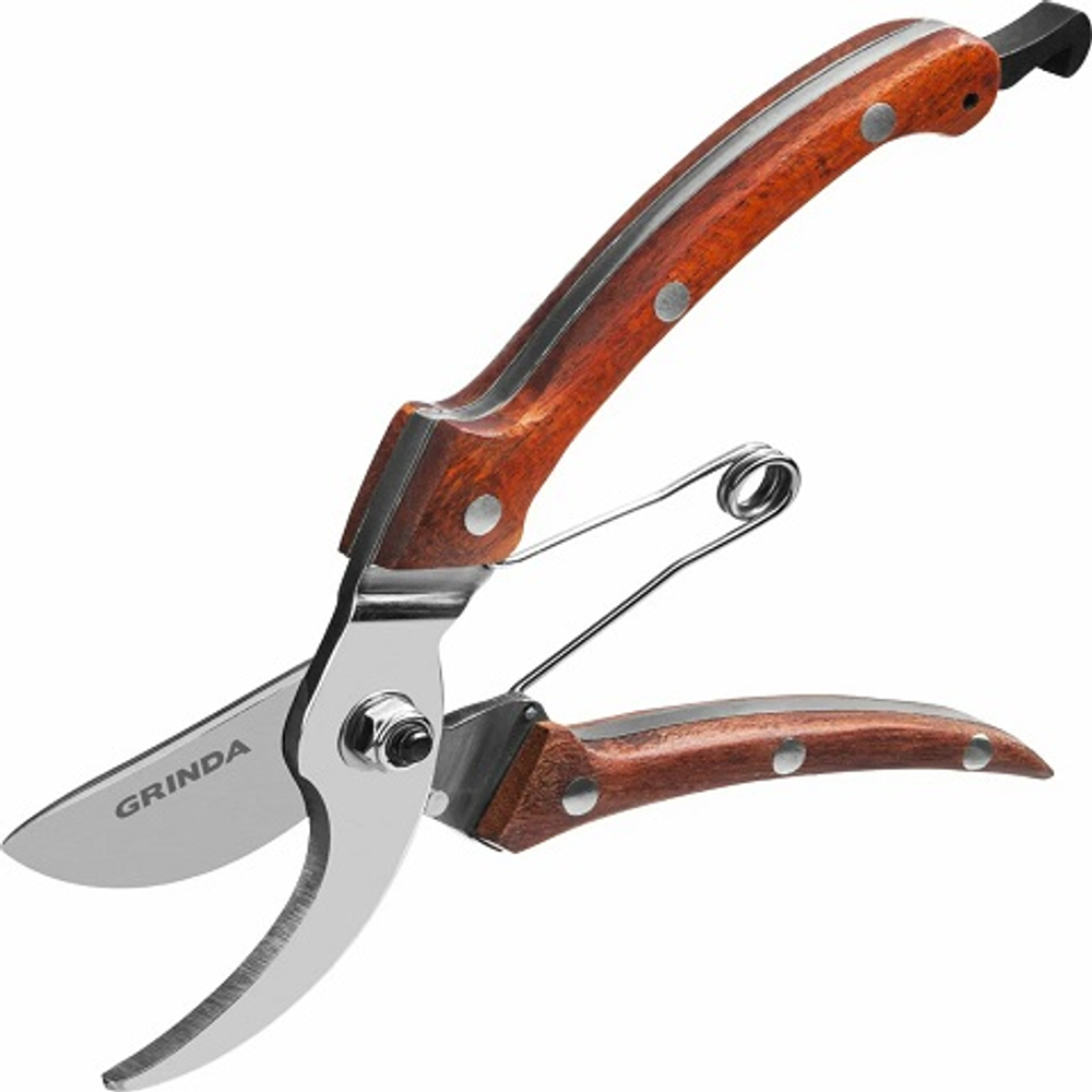 GRINDA P-17, 195 мм, из нержавеющей стали, с деревянными рукоятками, цельнокованый компактный плоскостной секатор, PROLine
