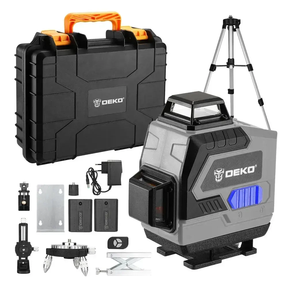 Уровень лазерный самовыравнивающийся DEKO DKLL16 в кейсе со штативом 1,2 м (16 линий, зеленый луч, 2 АКБ)