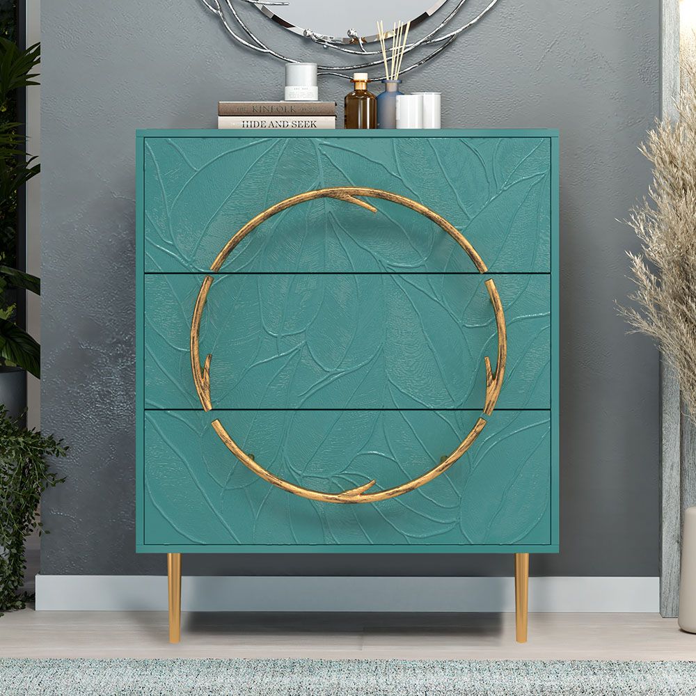 Комод Арт Колор leaves Стайл Голд с 3 ящиками Пастельно-синий