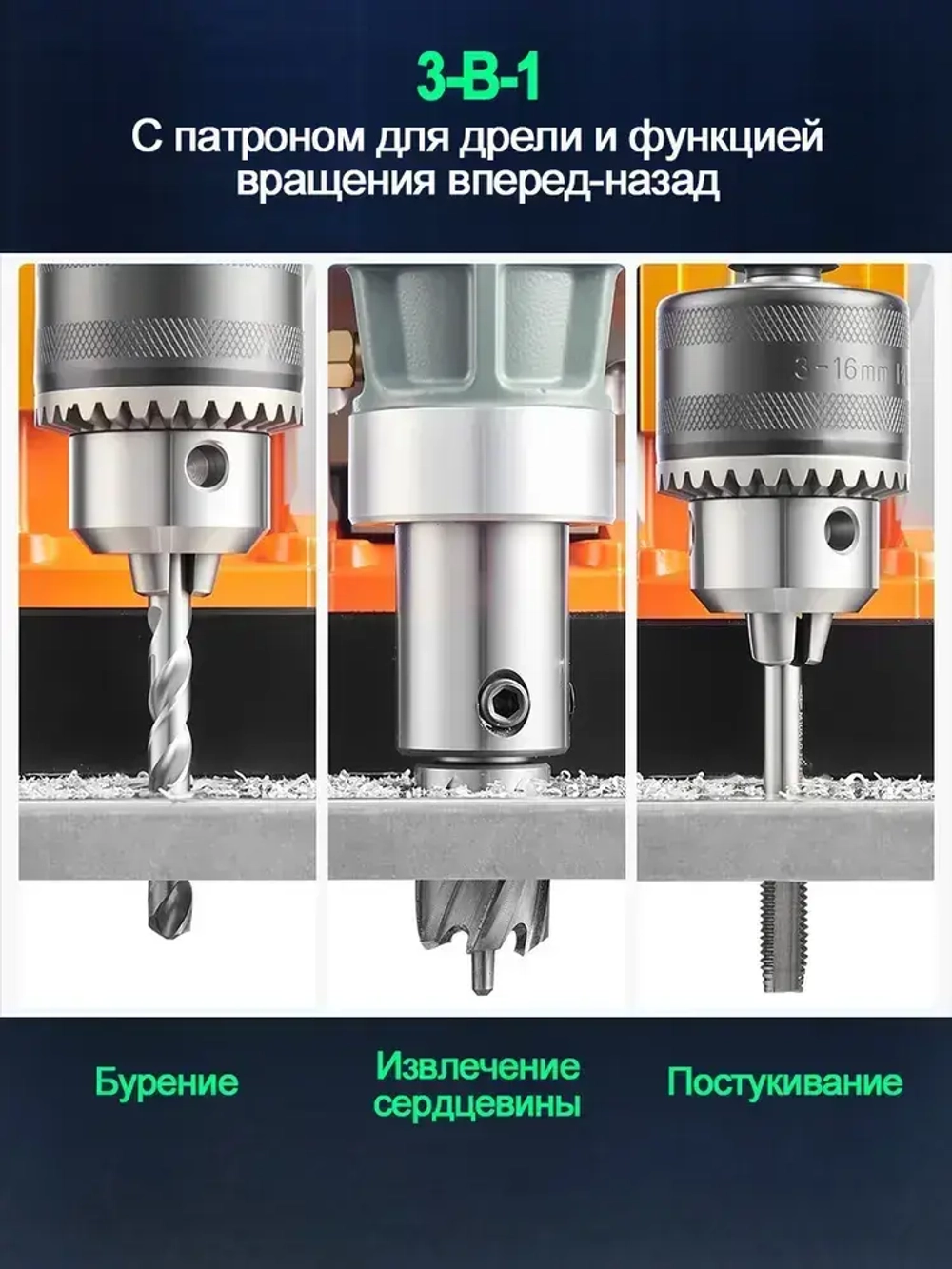 Сверлильный станок, промышленный класс, 1600 Вт, 680 об/мин, диаметр сверления 1,6 дюйма, регулировка 10 скоростей, с прямым и обратным ходом