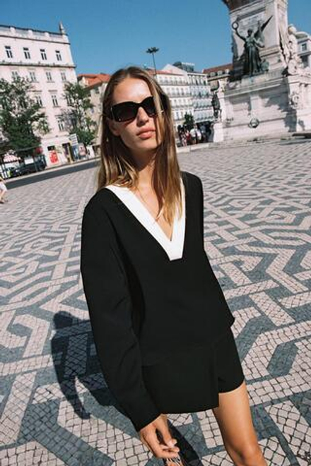 ZARA ТОП С КОНТРАСТНОЙ ОТДЕЛКОЙ, ЧЕРНЫЙ