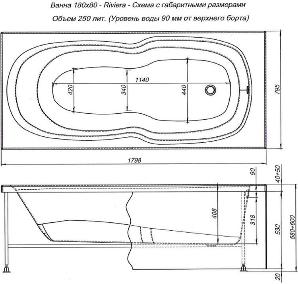 Акриловая ванна Aquanet Riviera 180x80 (с каркасом)