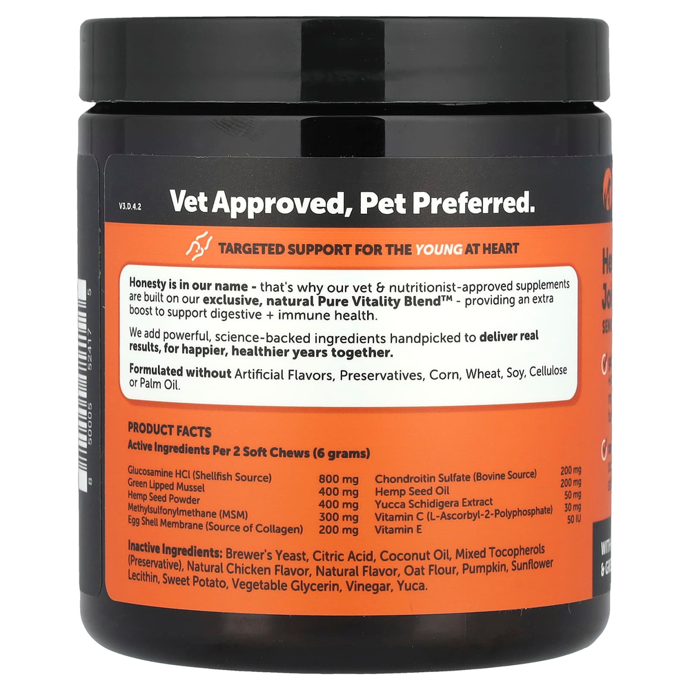 Pet Honesty, Конопля для здоровья бедра и суставов, для пожилых собак, с курицей, 90 жевательных таблеток, 270 г (9,5 унции)