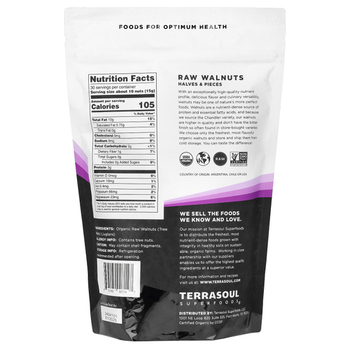 Terrasoul Superfoods, необработанные грецкие орехи, половинки и кусочки, 454 г (16 унций)