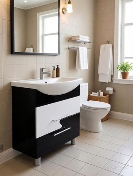 Тумба Авангард 70 цвет белый + черный с раковиной Балтика (в комплекте)