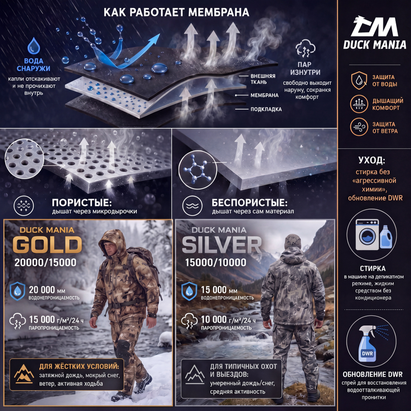Какую мембрану выбрать для охоты: Duck Mania GOLD 15000/20000 или SILVER 10000/15000, и как за ней ухаживать
