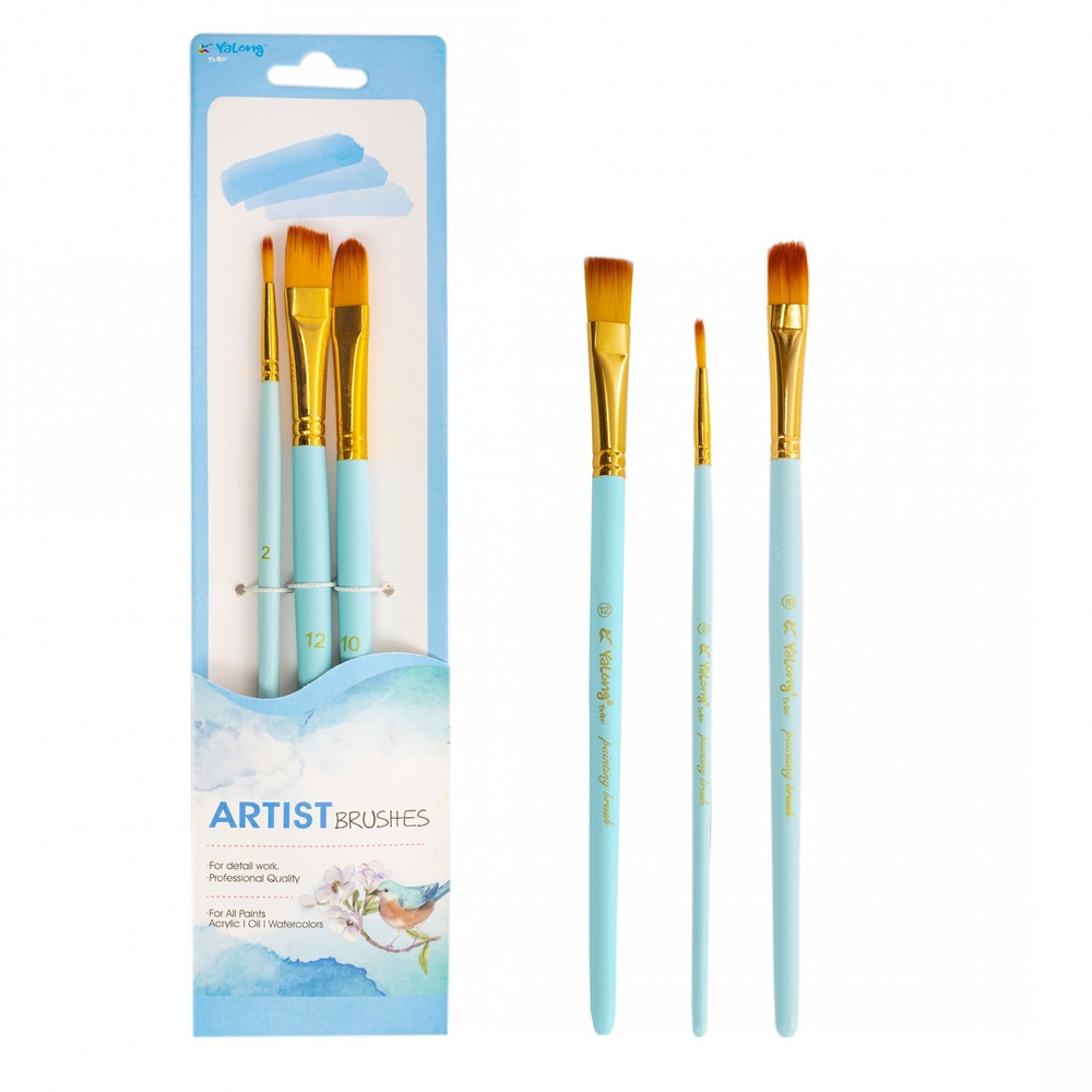 Набор кистей Yalong, 3 шт, нейлон, круглая №2, плоская №10, №12, деревянная ручка, блистер, европодвес