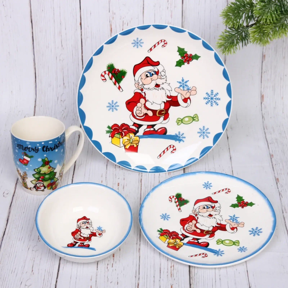 Набор посуды керамической «Дед Мороз» (кружка 330мл+салатник 13см+тарелка 20см+тарелка 25см)
