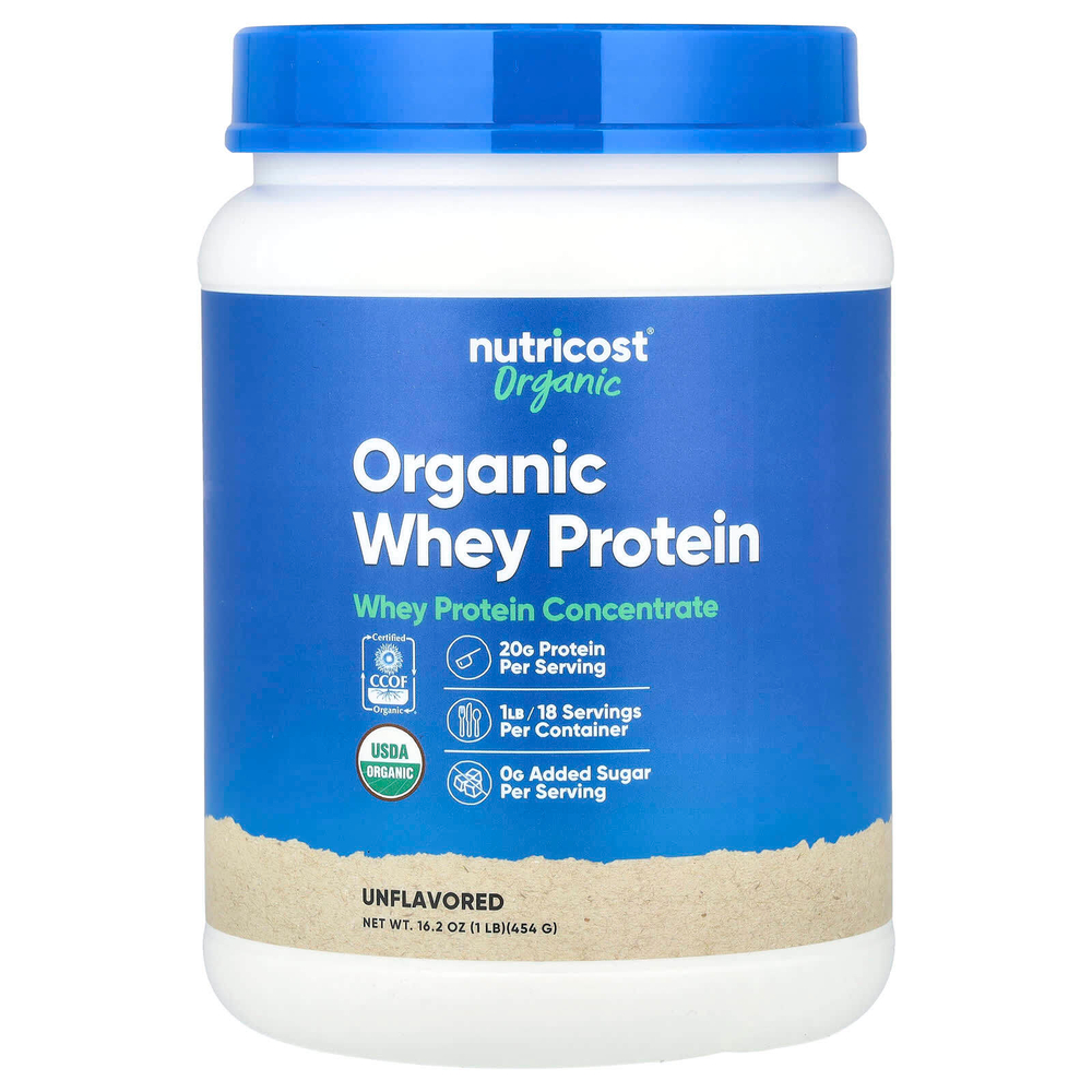 Nutricost, органический сывороточный протеин, без добавок, 454 г (1 фунт)