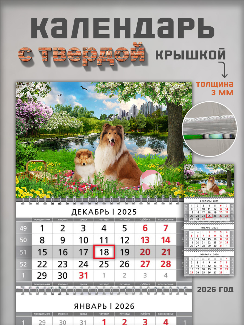 Настенный квартальный трехблочный календарь "Собаки колли"
