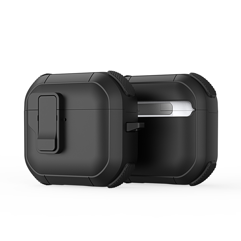 Усиленный чехол черного цвета от Dux Ducis для наушников AirPods 4, серия PECP Series Case, в комплекте с карабином