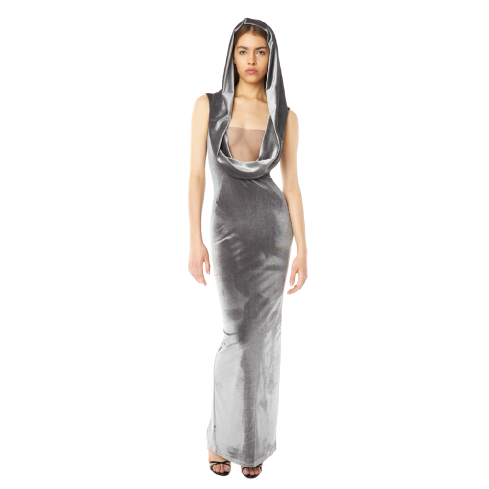 Платье макси с капюшоном из бархата