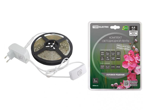 Лента светодиодная комплект SMD2835 60LED/м 12B 4,8Вт/м IP20 6000К 5м 24Вт TDM