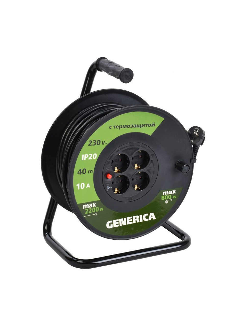 Удлинитель на катушке 4х40м 10А IP20 УК40 2P+PE 3х1 термозащита GENERICA WKP10-10-04-40-G