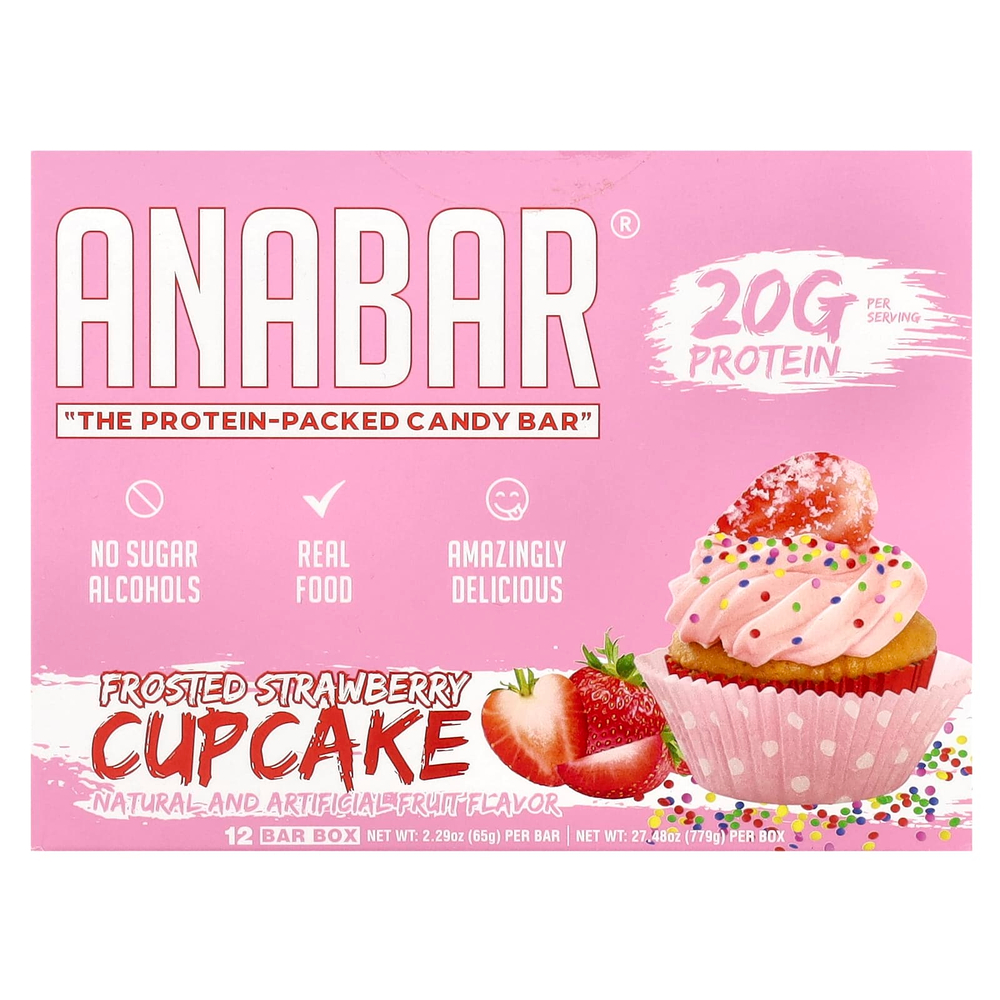 The Anabar, The Protein-Packed Candy Bar®, кекс с глазурью из клубники, 12 батончиков по 65 г (2,29 унции)